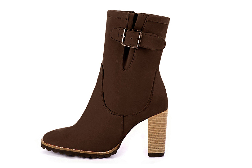 Dark brown women's ankle boots with buckles on the sides. Round toe. High block heels. Profile view - Florence KOOIJMAN